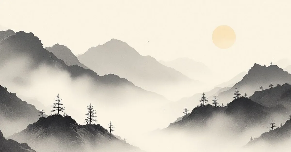 Sumi-e ink-wash illustration: morning mist lifting to reveal a quiet open landscape.