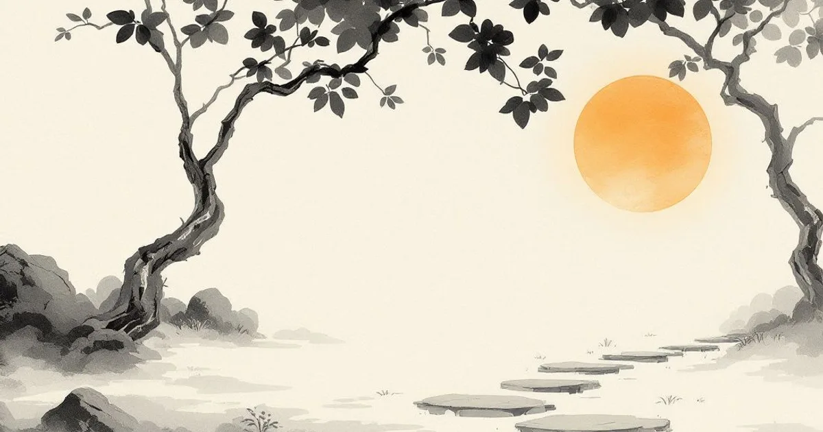 Sumi-e ink-wash illustration: a worn stone path winding through a quiet grove in dappled light.