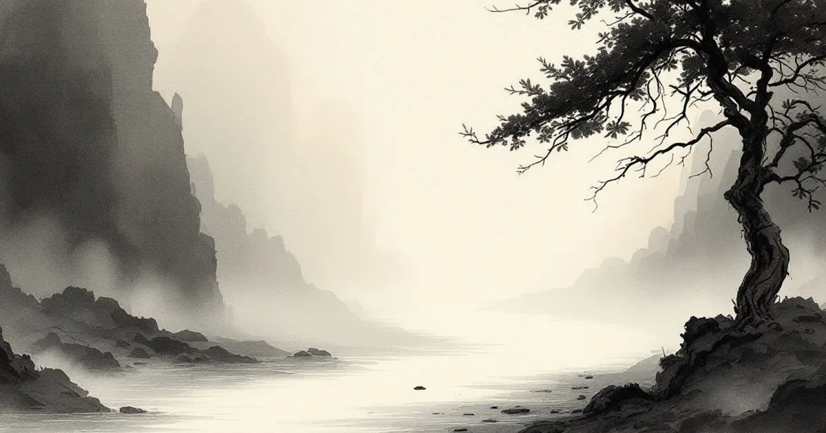 Sumi-e ink-wash illustration: a single bare footprint pressed into a misted path.