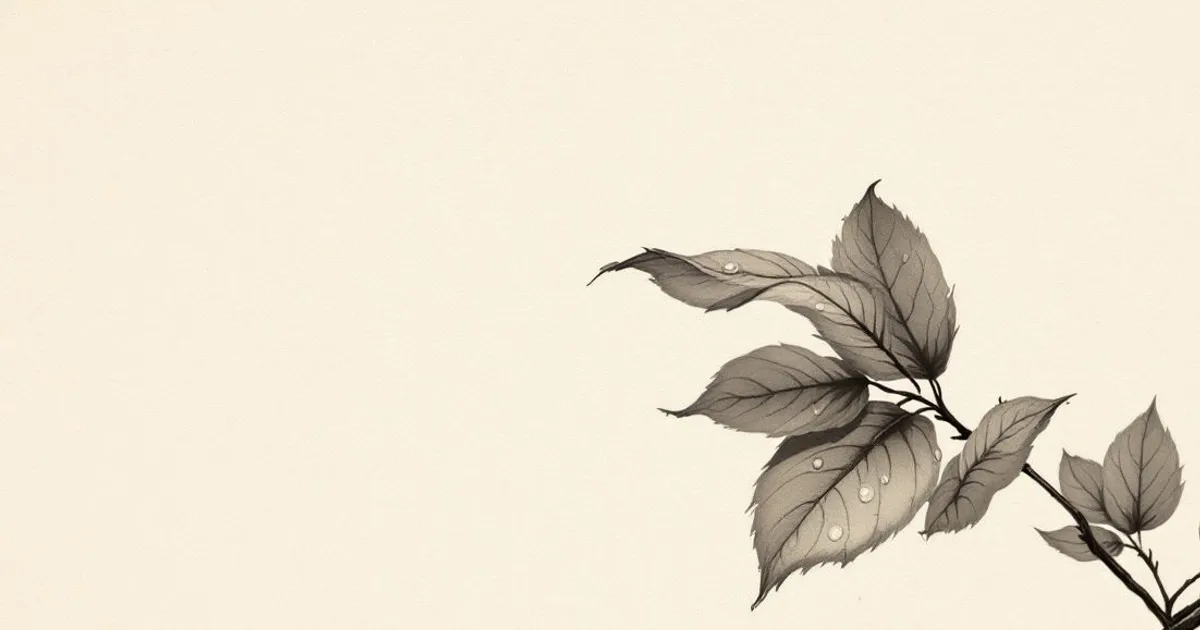 Sumi-e ink-wash illustration: a single dew-laden leaf held in soft morning light.