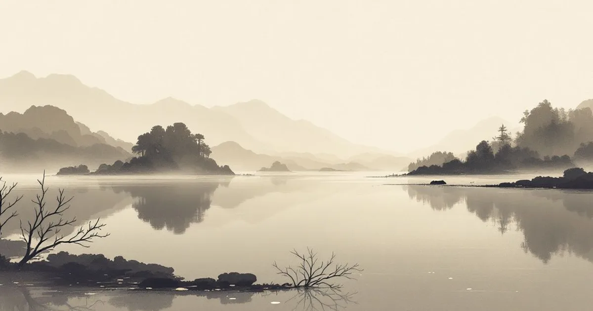 Sumi-e ink-wash illustration: a still pond perfectly mirroring an open sky.