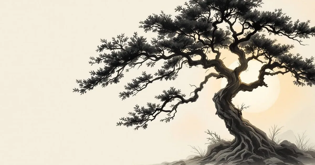 Sumi-e ink-wash illustration: a great spreading bodhi tree, its leaves catching the first light of dawn.