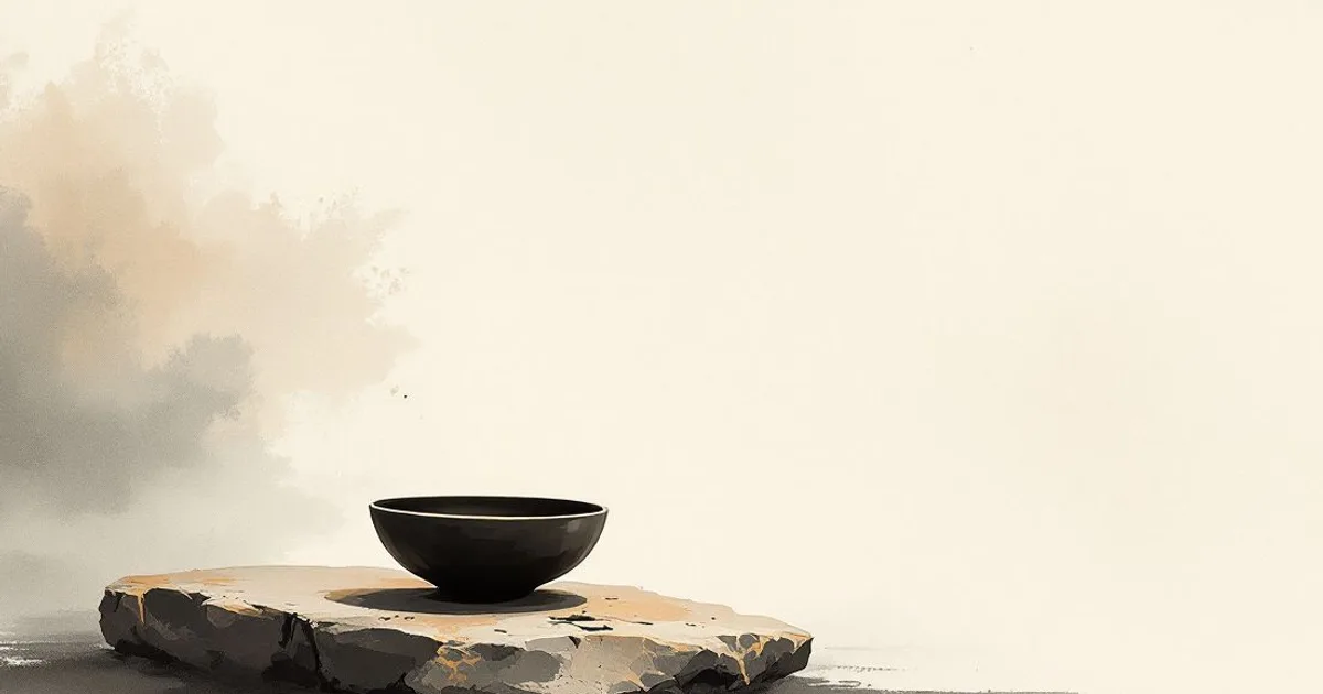 Sumi-e ink-wash illustration: a simple alms bowl resting on weathered stone in soft morning light.