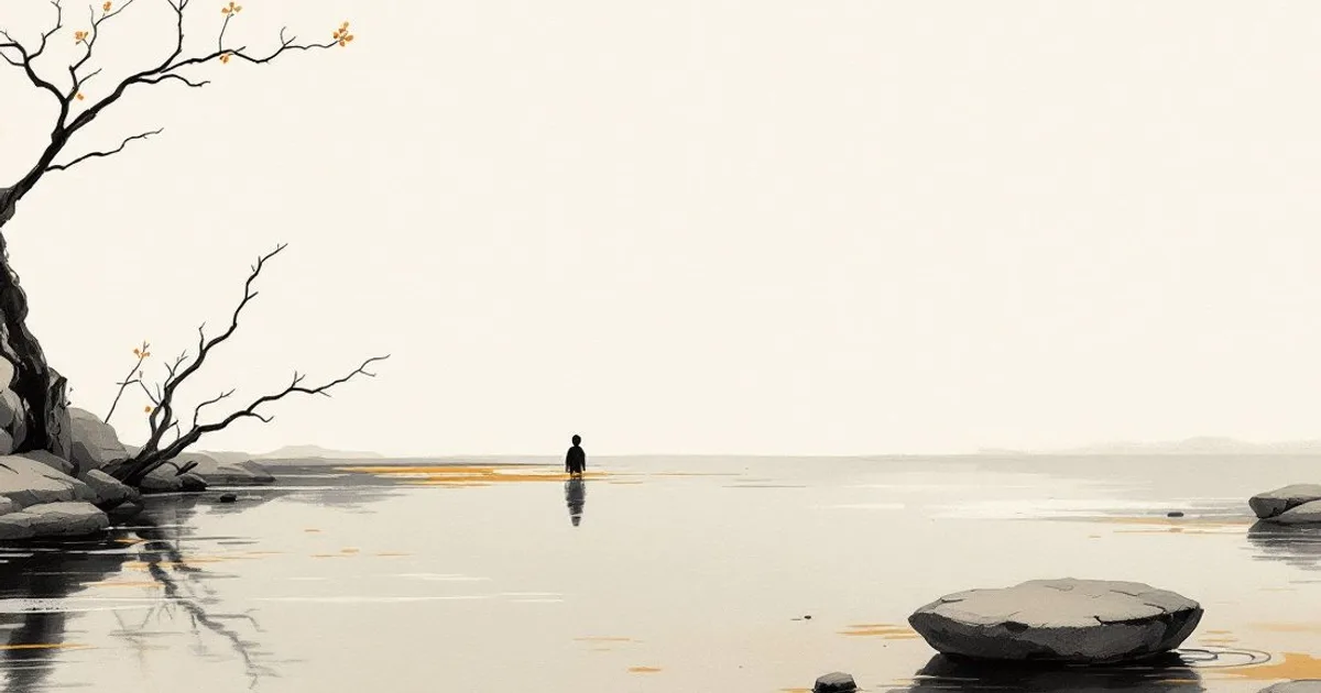 Sumi-e ink-wash illustration: a still pond holding the reflection of an empty open sky.