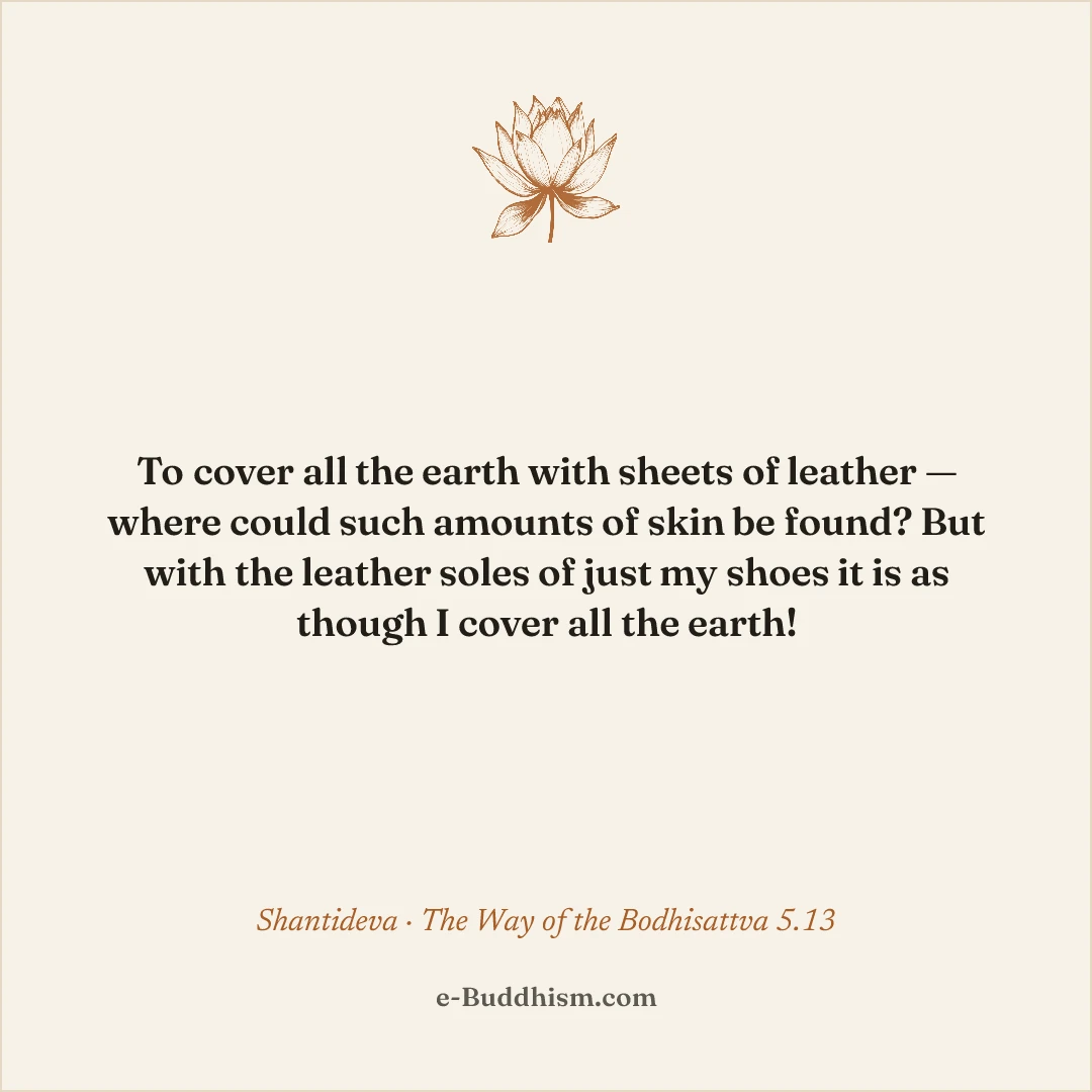 Shareable quote card: 'To cover all the earth with sheets of leather — where could such amounts of skin be found? But with the leather soles of just my shoes it is as though I cover all the earth!' — Shantideva 5.13.