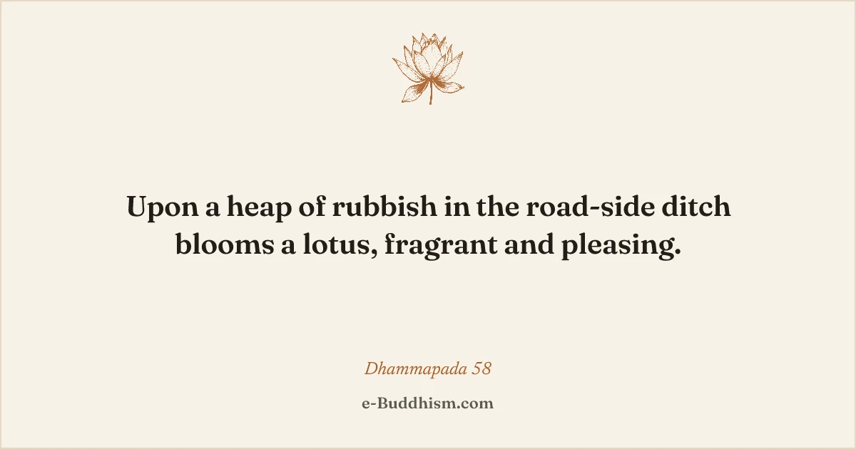 Sumi-e quote card: 'Upon a heap of rubbish… blooms a lotus, fragrant and pleasing.' — Dhammapada 58.