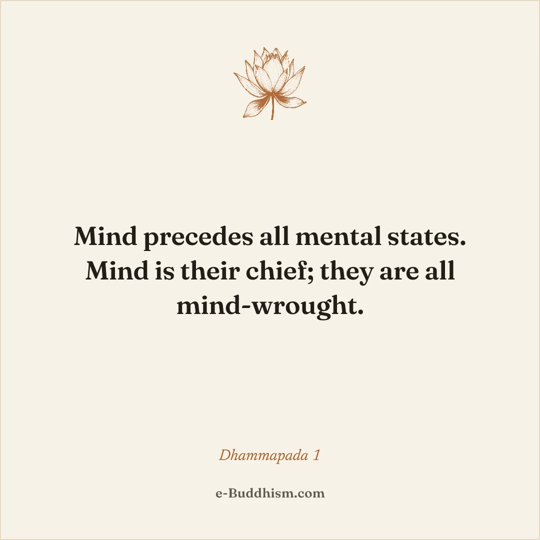 Shareable quote card: 'Mind precedes all mental states. Mind is their chief; they are all mind-wrought.' — Dhammapada 1.