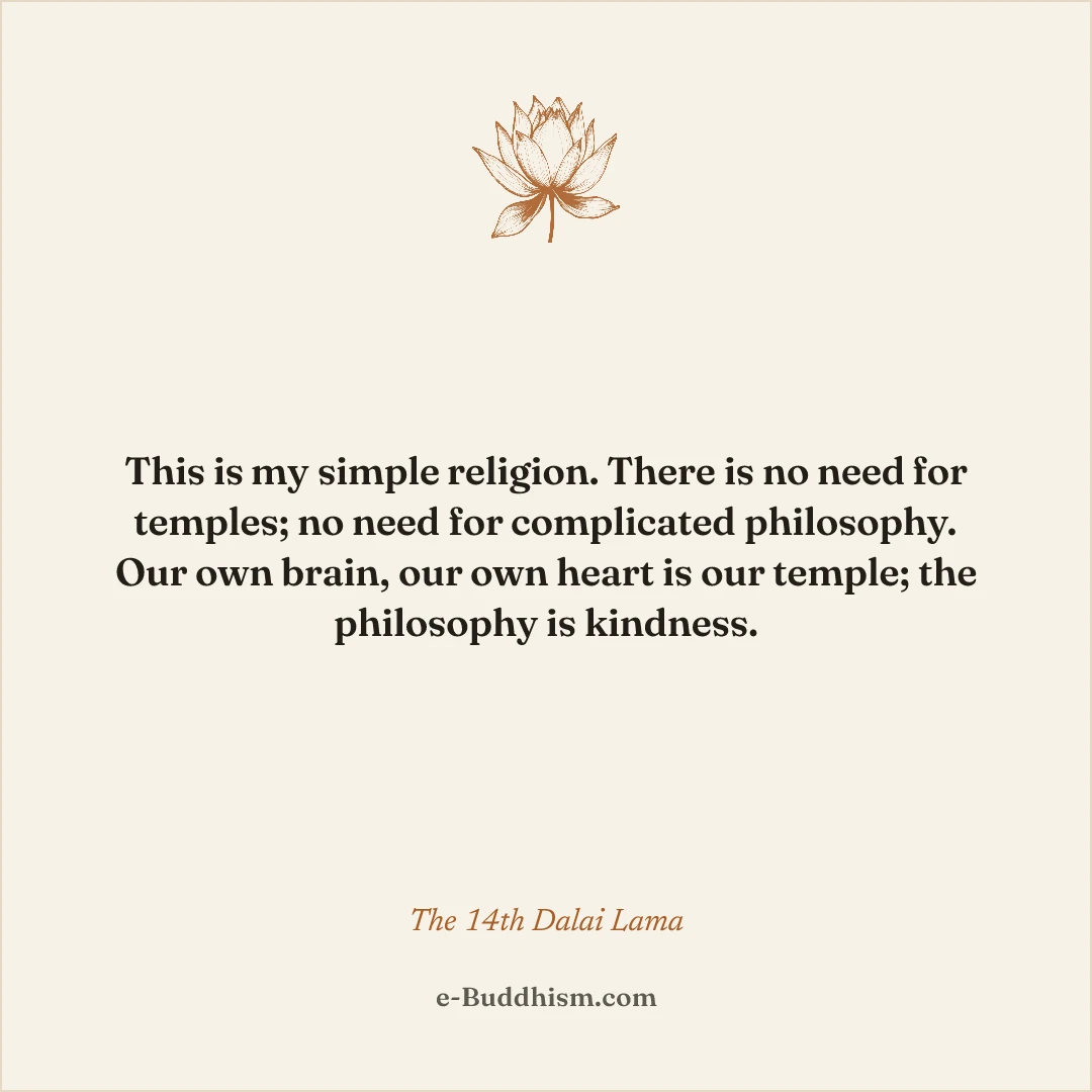Shareable quote card: 'This is my simple religion. There is no need for temples; no need for complicated philosophy. Our own brain, our own heart is our temple; the philosophy is kindness.' — the 14th Dalai Lama.