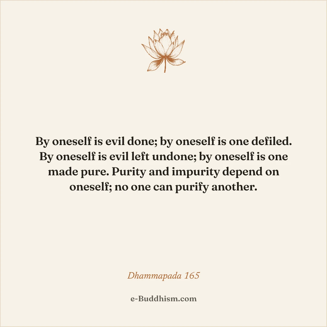 Shareable quote card: 'By oneself is evil done; by oneself is one defiled… Purity and impurity depend on oneself; no one can purify another.' — Dhammapada 165.