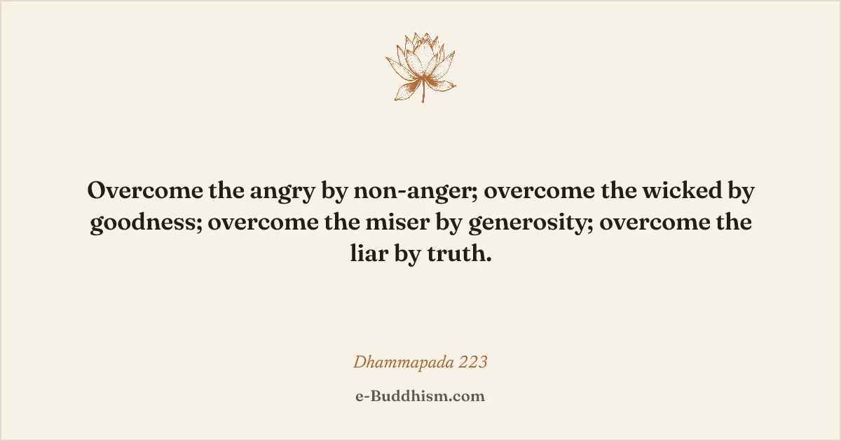 Sumi-e quote card: 'Overcome the angry by non-anger…' — Dhammapada 223, on warm ivory paper.