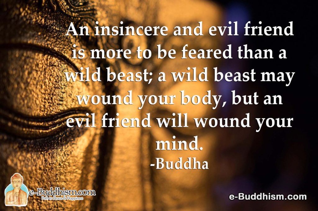 An insincere and evil friend is more to be feared than a wild beast; a wild beast may wound your body, but an evil friend will wound your mind. -Buddha